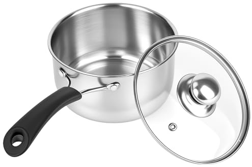elthmpr 16cm Stainless Steel Saucepan with Glass Lid, Small Milk Pan Non Stick Pot with Heatproof Handle, Small Saucepan for Gas Electric Ceramic Hobs, Easy Clean Small Cooking Pan for Kitchen