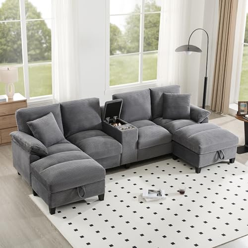 Merax Canapé d'angle 4 places en forme de U avec espace de rangement, tissu côtelé surdimensionné et coussin, porte-gobelets en acier inoxydable et deux ports USB, grand canapé pour salon, chambre à
