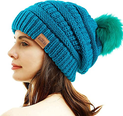 REDESS Women Winter Pom Pom Beanie Hat with Warm Fleece Lined, Teal