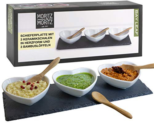 Moritz & Moritz 3x Weiße Herz Dipschalen Set mit Schieferplatte - Dip Schälchen für Snacks - Snack Schalen Set Keramik - Kleine Schüsseln als Saucenschälchen, Snackschalen, Dessertschalen