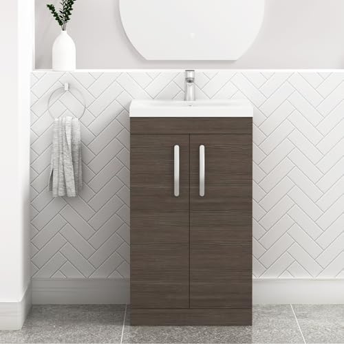 Modern Bathroom Vanity Unit 500mm 2-Door Mid Ege Floor Standing Storage Cabinet Basin Sink Grey Elm Cloakroom