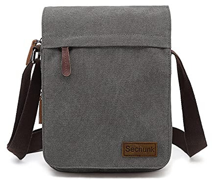 Sechunk Kleine Umhängetasche aus Segeltuch im Vintage-Stil (m_Grau, Mittel)