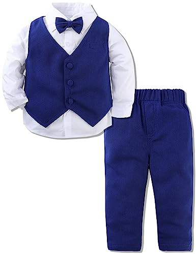 mintgreen Vestiti Neonato Maschio, 3 Pezzi Cerimonia Abiti Sposa Abito da Battesimo Maniche Lunghe Camicia + Gilet + Pantaloni + Papillon, Blu Fisso, 18-24 Mesi, 90