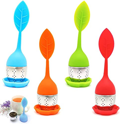 4 pezzi di uova da tè in acciaio inox e silicone – colino da tè con coperchio e sottobicchiere – sfera – filtro da tè fine per amanti del tè (colore casuale)