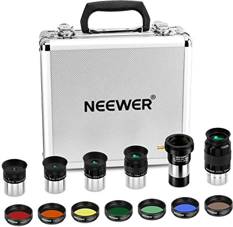 NEEWER 14PCS Teleskop Okular und Filter Set, Teleskop Zubehör mit fünf Größen 1,25 Plössl Teleskop Okular, 2X Barlow Linse, 6 Farbfilter, Mondfilter, Metall Schutztasche