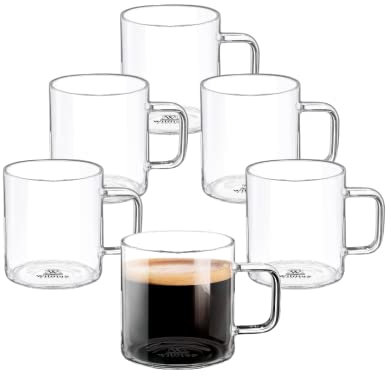Wilmax Juego de 6 vasos de té y café con asa, 160 ml, vasos para bebidas calientes y frías, tazas de café, copas de vino caliente, vasos de zumo, vasos de agua, tazas de cristal, aptos para
