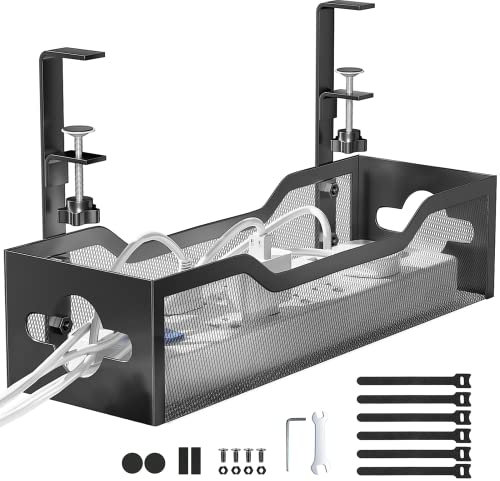 Litwaro Under Desk Cable Management Tray, No Drill, Metal Mesh, 2 Hole, Silver, 13.38 Inches