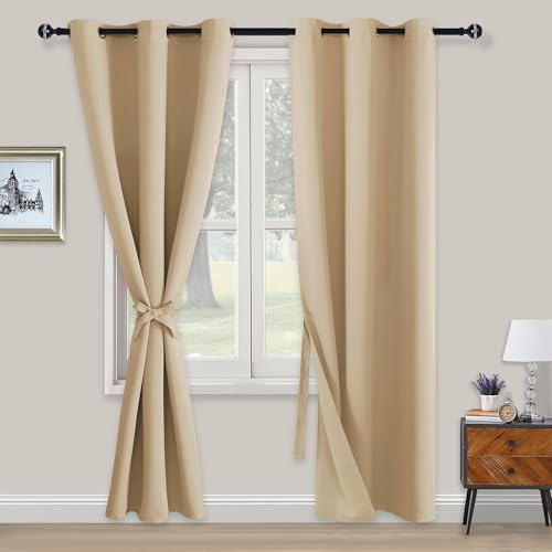 XWZO Blackout Curtains Shades Window Curtain Panels with Tiebacks- Noise Reduction and Thermal Insulated Eyelet Curtains for Bedroom,Living Room,Office,Study Room Beige W46xL90