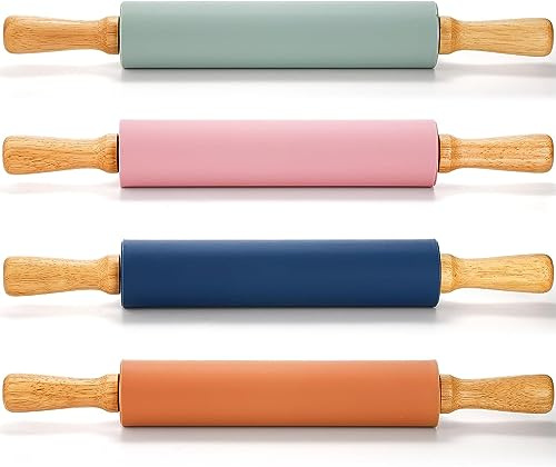 Yopay 4 Pack Silicone Rolling Pin for Baking, Non Stick Large 17 Inch Roller with Wood Handle for Tortillas Dough, Pizza, Pie, Pastries, Pasta, Cookies, Good Grips, Easy to Wash