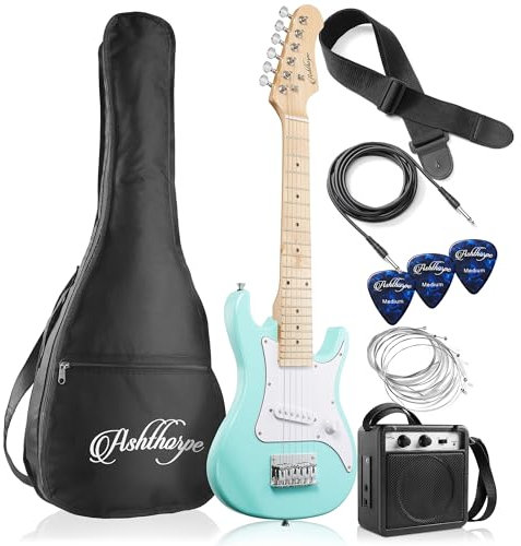Ashthorpe E-Gitarren-Set für Anfänger, 76,2 cm, mit Verstärker (Blaugrün), Basis-Starterpaket mit Gigbag, Saiten, Gurt, Plektren