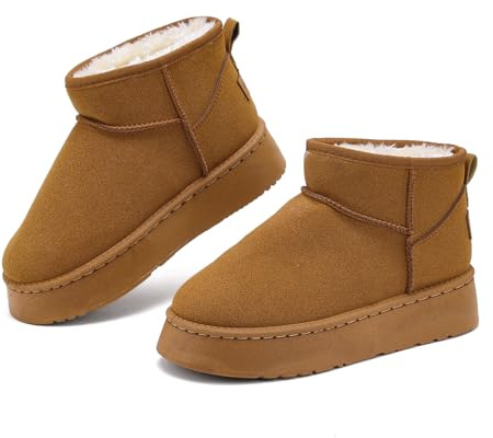 Winterschuhe Damen, Warm Bequem Klassisch Schlupfstiefel Schneestiefel Winterstiefel Gefüttert, Mode Wasserdicht Kurzschaft Stiefel Winterstiefel Winter Boots für Den Außenbereich, Hellbraun, 38 EU