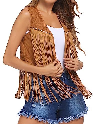 Edhomenn Women's Tassel Vest 70s Hippie Faux Suede Fringe Jacket Cardigan | Front cutout detailing, open front, with long hem tassels, retro cowgirl style layering outerwear