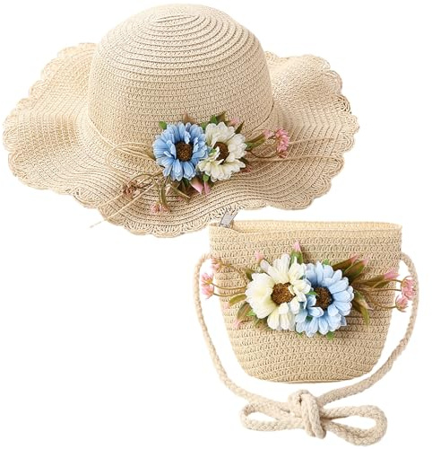 Cappello da Sole per Ragazze e Mini Borsa a Tracolla Set Cappello di Paglia Estivo per Bambini a Tesa Larga Protezione Solare Cappello di Paglia a Fiori per Vacanze Viaggi 2-8 Anni