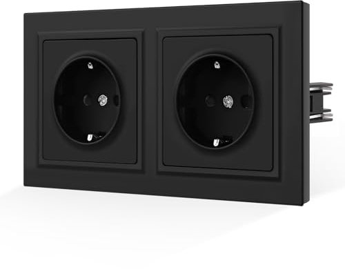 CNBINGO Double Socket, Smooth Skin Feeling, Flush-Mounted with Claws, Double Schuko Socket with Skin-friendly Matt Plate, Black Wall Socket