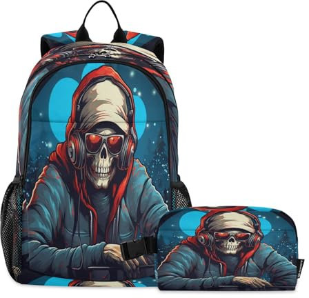 LINNIKEEEE Bel Dj Di Musica Natalizia Set Zaino per Studenti Borsa per Il Pranzo,Borsa Scuola Leggera Resistente per Ragazzi Ragazze