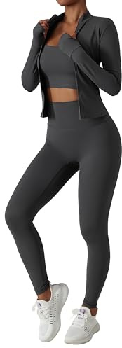 Belriviere Tuta da donna in due pezzi giacca a maniche lunghe con cerniera e leggings sportivi a vita alta set da allenamento, Grigio scuro, M