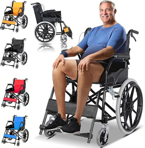 STRTG Silla De Ruedas De Transporte Liviana Plegable,Capacidad De Carga 150 Kg,Silla De Ruedas Ligera Y Plegable con Freno De Tambor,con Autopropulsión,Silla De Ruedas De Viaje Black