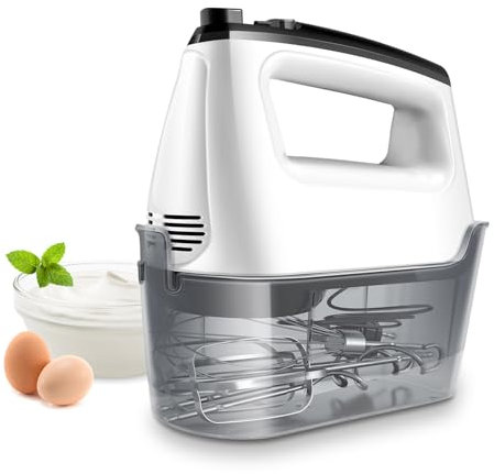 SHARDOR Batidora de Varillas Eléctrica 400W con 6 Velocidades, Batidora Reposteria con 2 Varillas, 2 Ganchos, 1 Batedor de Huevos y Caja de Almacenamiento con Enganche，Blanco