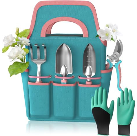 Kit de 6 Herramientas de jardinería, Herramientas de Mano de aleación de Aluminio con Bolsa de jardín, Juego de Herramientas para Exteriores robustas con Mango ergonómico (sin Estampado de Flores)