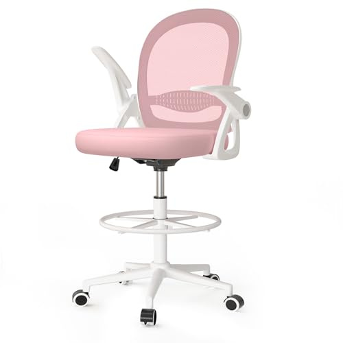 naspaluro Drafting Chair Tall Office Chair Ergonomic Desk Chair - Pink | Swivel Painting Chair with Flip-up Armrests and Adjustable Footrest Ring for Home Office