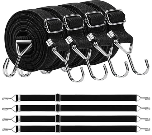 Adjustable Elastic Straps with Hooks, Set of 4 Extra Strong Expander with Metal Hooks, 2 m Long Luggage Straps, Black Rubber Rope, Luggage Tensioner for Awning, Car Transport, Bicycle Tarps