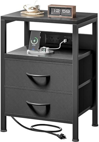 Lazzanto NightStand Bedside Charging Table Bedroom - Night Stand with Charger Station, Modern Nightstand with Open Shelf & 2 Fabric Drawers, Bed Side Table with USB-C Port for Dorm, Black