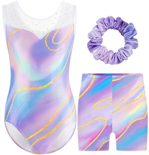 Boteria Gymnastics Leotards for Girls with Shorts Set, Long Sleeve/Sleeveless Dance Leotard Sparkle Dancewear for Kids 5-12 Years