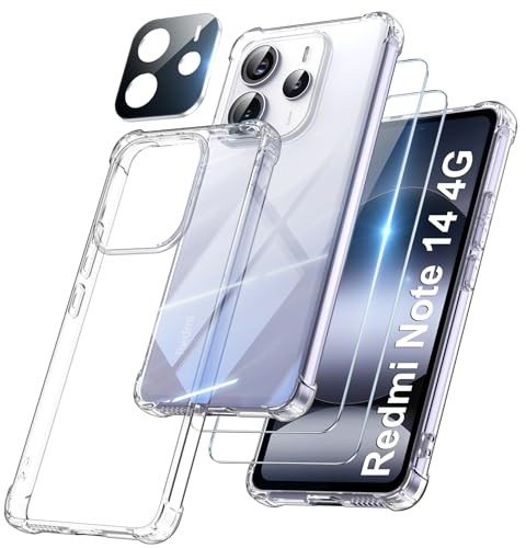 FLLAO 4 en 1 Funda para Xiaomi Redmi Note 14 4G con 2 Protector Pantalla y 1 Protector Lente Cámara, [Almohadilla de Aire integrada] Antigolpes Antiarañazos Antichoque Carcasa, Transparente