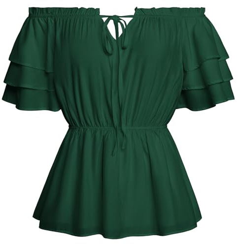 Scarlet Darkness dam renässans traditionell blus medeltida axellös volangblus, Mörkgrön, XL