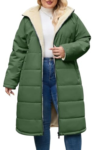 CMTOP Abrigos Mujer Invierno Largo Talla Grande, Resistente al Viento Cálido Chaqueta Reversible Abrigo, Abrigada Parka Abrigo Acolchado con Capucha y Cremallera(Verde Militar,XXL)