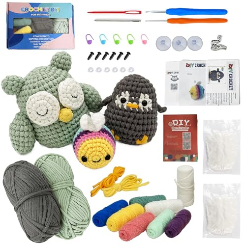 Animales Agujas Crochet Kit Bricolaje, DIY Crochet Kit Principiantes, Kit de Animales de Ganchillo, con Video Tutorial e Instrucciones Paso a Paso, Ideal para Regalo(Pingüinos, Abejas, Búhos)