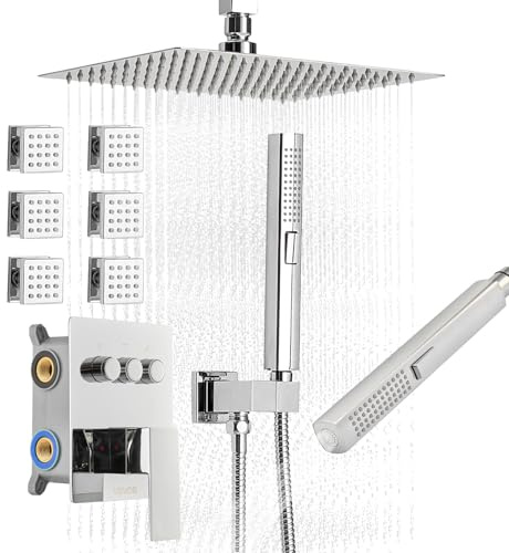 VEVOR Set Doccia con Sistema Doccia a Pioggia, in Acciaio Inox da 254 mm, 6 Getti Laterali, Doccetta, Soffione a Pioggia Girevole, 3 Funzioni, Valvola in Ottone e Kit di Finitura, Cromato