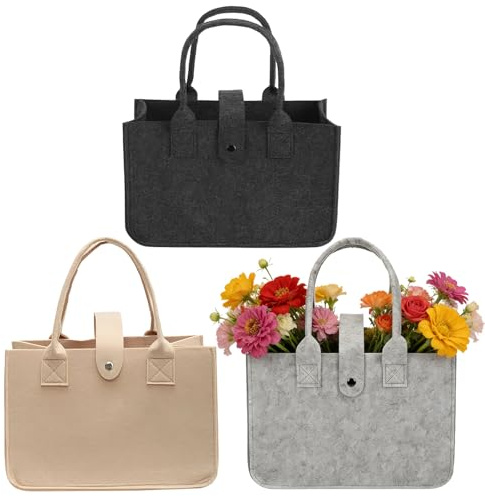 SMYJDMM filtväskor shopper, 3 stycken filtväskor shoppingväska, 30 x 18 x 20 cm väska filt bärväska filt för shopping resor arbete picknick (svart grå khaki)