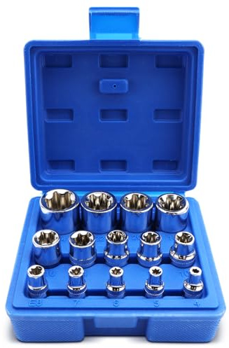 HZOUHONG Set di chiavi a bussola Torx per esterni, 14 pezzi, E Torx da 1/2 3/8 1/4, set di dadi E4-E24 in CR-V con scatola di conservazione, per avvitatore a percussione, chiave dinamometrica (blu)
