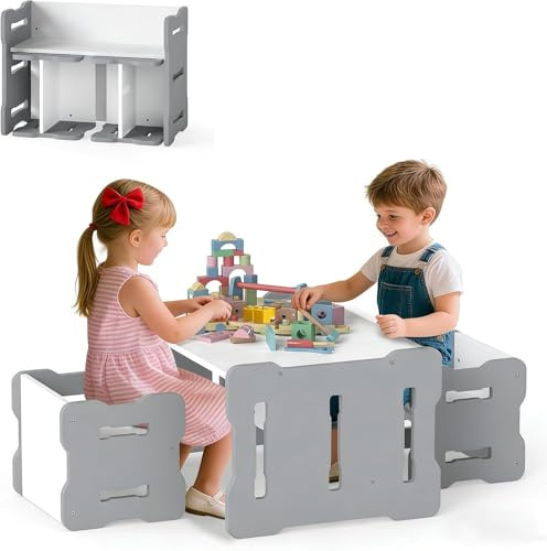 LIFEZEAL Kindertisch mit 2 Stühlen, Montessori Kindersitzgruppe mit Wendebank, Kindertisch- und Stuhlset zum Lesen,Essen & Spielen, Kinder Tisch Stuhl Set für Kindergarten & Kinderzimmer (Grau)