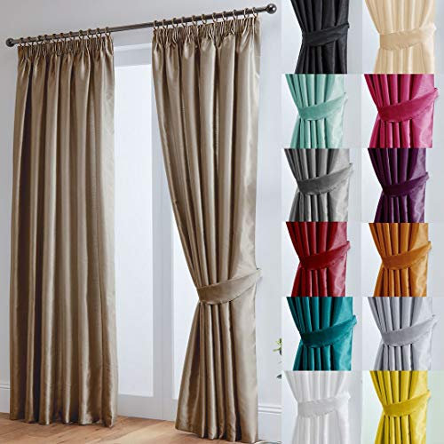 John Aird Luxury Faux Silk Fully Lined Pencil Pleat Curtains With Matching Tie Backs (Mocha, 168cm Width x 183cm Drop (66x72)