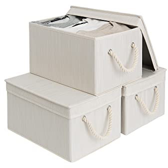StorageWorks Fabric Storage Boxes with Lids, Foldable Storage Basket for Wardrobe Organising Clothes, Large Storage Bins with Lids and Soft Rope Handles, Mixing of Beige, White & Lvory, 3-Pack