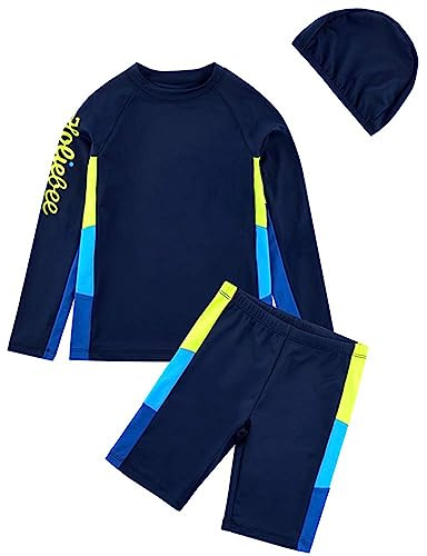BASADINA Boys Swimsuits Short Sleeves 2 Piece Sunscreen Swimming Costume Boys Swimwear 4-14 Years Navy
