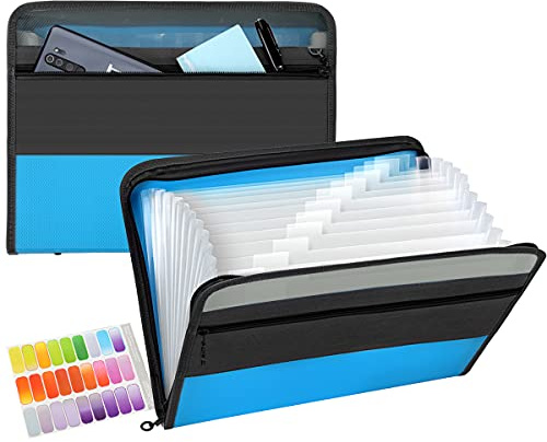 TRANBO 13 Pockets Expanding File Folder with Zipper Closure, A4 Plastic Document Wallet Organizer with Handy Front Pocket for Personal Office Stationary Storage