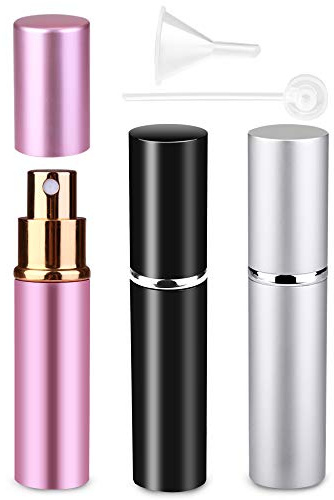 Zingso Portable Mini Refillable Perfume Bottle, 3 Pcs Travel Size Perfume Atomizer Empty Spray Bottle Case for Outdoor and Traveling with Funnel and Perfume Diffuser (B - 10ml (Black+Silver+Pink))