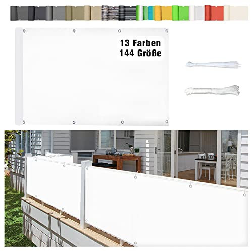 Stootrel Balkonschutz Balkonabdeckung, 85 X 350CM Blickdichte Balkonumspannungen Balkonabdeckung Wind&UV Schutz Wasserdicht Balkonumrandung mit Ösen und Kordel, Weiß
