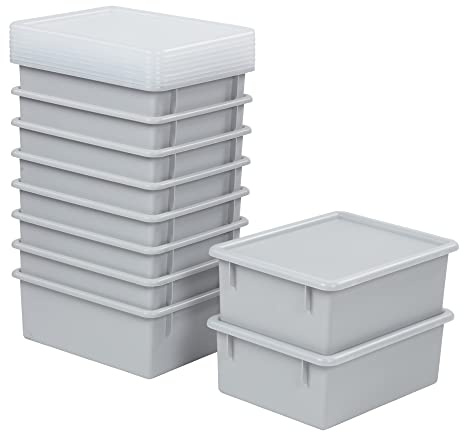 ECR4Kids Letter Size Deep Tray with Lid, Storage Bin, Light Grey, 10-Piece