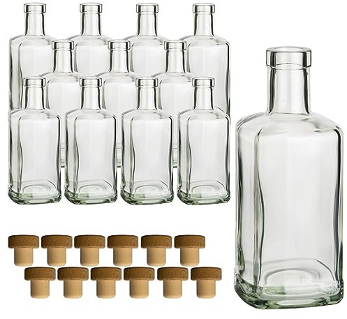 gouveo Set 12 Bottiglie Vetro 500 ml Farmacista Quadrato con Tappo in Sughero (HGK) - Bottiglia 0,5 l da Riempire e Regalare - Bottiglia Vuota per Gin, Liquore, Olio, Aceto (AFET500HGK)