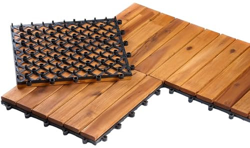 BURI 1qm Holzfliesen Balkonfliesen Holz Fliesen 30x30 cm - Balkonboden wetterfest aus Akazienholz - Terrassenfliesen mit Klicksystem für Terrasse Balkon (11 Stück = 1m²)