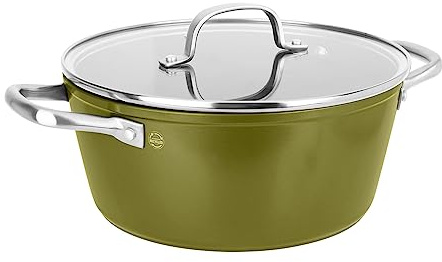 Sitram 715704 Faitout Aluminium Recyclé Ø 24 cm H 10,5 cm Vert Metallisé Revêtement intérieur sans PFOA - Manche en Inox Riveté - Couvercle vapeur en verre - Tous feux dont induction