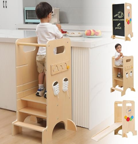 Olvy Kids 4-in-1 Montessori Learning Tower – Learning Tower – Wooden Step Stool – 4-Step Children’s Ladder – Kitchen Helper for Kids – Standing Tower from 1 Year – Foldable Children’s Step Stool