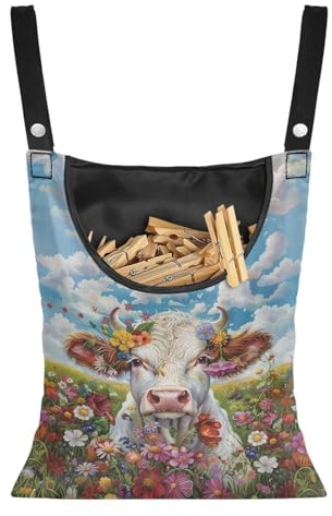 Yzaoxia Highland Cow Clothes Pin Bag Boho Floral Laundry Clothespin Holder Bag for Clothesline for Outside Polyester Clothes Pins Storage Bags Hang on Indoor Clothes Line Clothespins Organizer