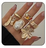 ONBRIG Chunky Gold Rings for Women Non Tarnish Statement Flower Ring Baroque Pearl Stackable Rings Set 6Pcs Chunky Jewelry (Gold)