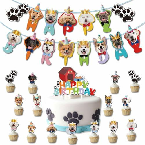 17 adornos para cupcakes y guirnalda de feliz cumpleaños, tarta de perro, decoración para magdalenas para temática de mascotas, fiesta de cumpleaños, fiesta de cumpleaños infantil, diseño de la escena