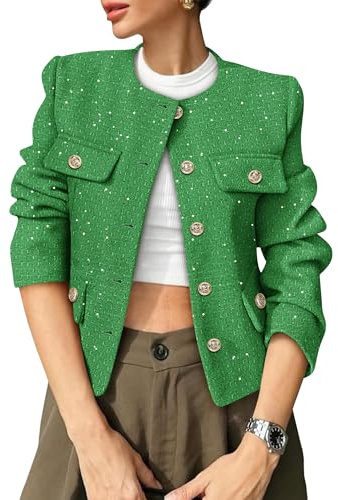 COCCKO Women's Tweed Blazers Trendy Fall Casual Collarless Button Down Sequin Tops Cropped Jackets with Pockets Green